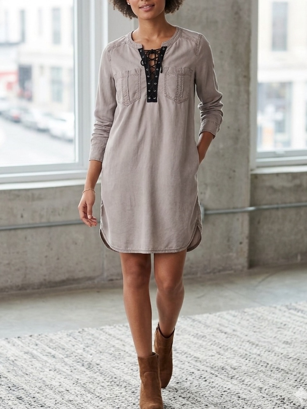 Express Taupe Lace-Up Pocket Mini Dress